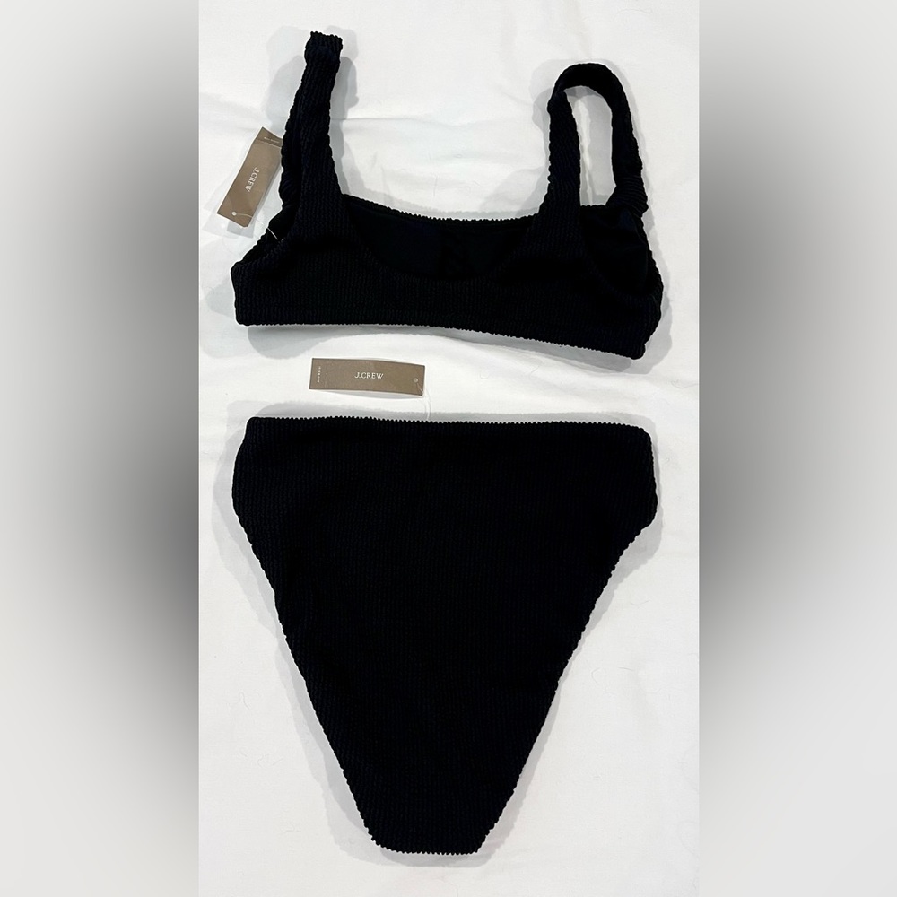 J Crew Black Scrunchie knotted scoopneck bikini top and bottoms.